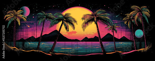 Retro-futuristic palm scene with neon sunset and vivid tropical elements