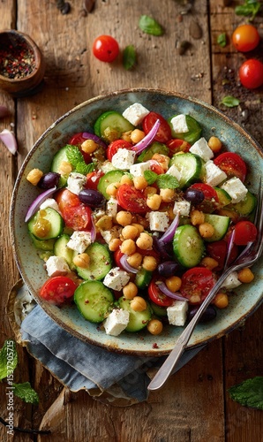 Fresh Mediterranean Chickpea Salad with Feta and Colorful Vegetables