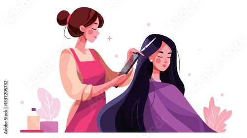 A digital illustration depicting a woman with long black hair sitting in a salon chair while a hairstylist attends to her hair. The illustration features a pastel color scheme and a clean