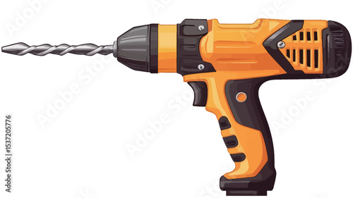 Close-up studio shot of a cordless drill. The drill is predominantly orange and black, with a visible drill bit attached. The image is well-lit and shows detail of the drill's body, including the