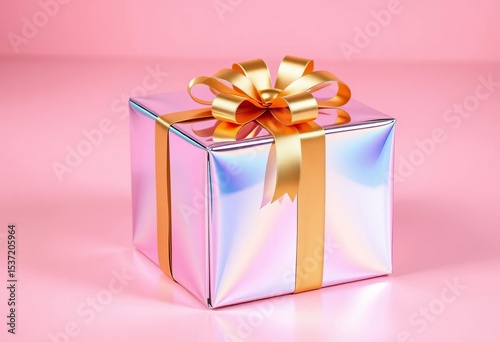 Iridescent holographic gift box with gold bow on pink surface, mint background,  holographic,  vibrant