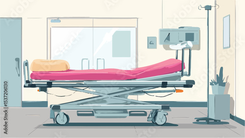 The image depicts a stylized illustration of a hospital room interior.  The focal point is a pink-covered stretcher, which is wheeled and metallic, situated in the center of the room.  