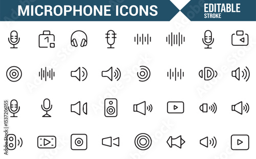 Editable Audio Equipment Icons for Recording, Broadcasting, and Sound Control