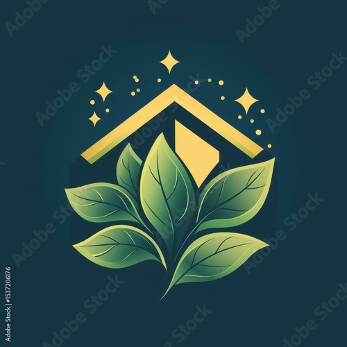 Creative illustration of a house surrounded by green leaves and sparkling elements, symbolizing nature and sustainability