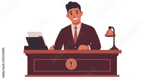 A digital illustration depicts a smiling man, appearing to be a hotel receptionist, seated behind a dark-brown wooden desk.  He is wearing a dark suit and tie. On the desk is a dark-colored device