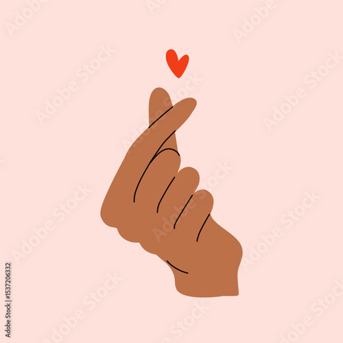 Finger gesture of heart symbol. Right human hand with crossed fingers and mini heart sign. Support and kindness concept. Romantic print. hand drawn flat design vector illustration.