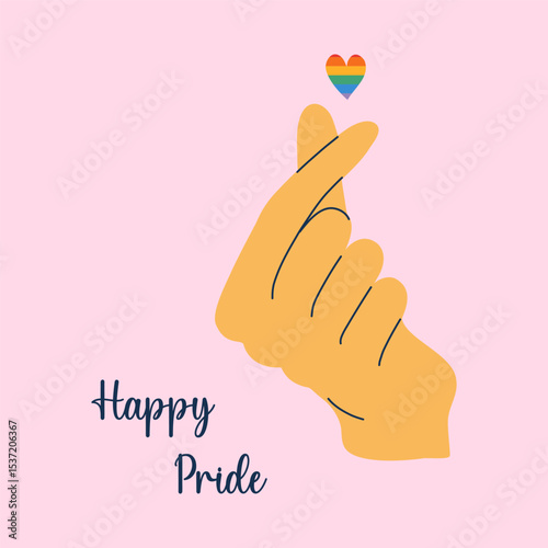 Happy pride greeting card. Finger gesture of heart symbol. Right human hand with crossed fingers and rainbow heart sign. Hand drawn flat design vector illustration.
