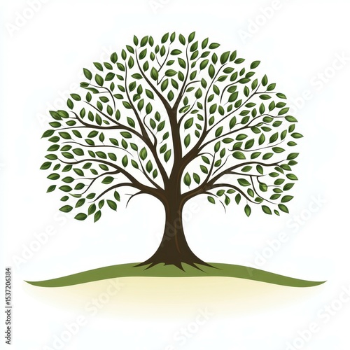 Lush green tree with a wide canopy and vibrant leaves in a serene landscape during bright daylight