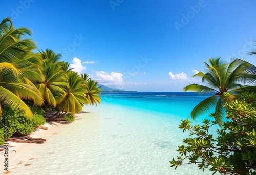 Lush palm trees fringe a pristine turquoise beach, inviting clear water ,   texture,  blue