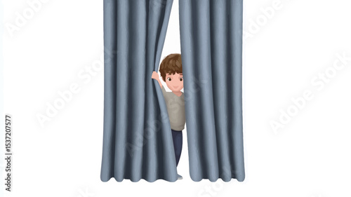 Digital illustration of a young boy with brown hair peeking from behind a pair of light-blue curtains. The boy is depicted in a cartoonish style with simple features and rounded lines. 