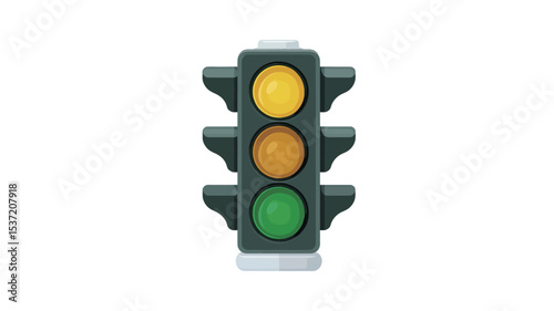 Close-up studio shot of a miniature traffic light against a white background. The traffic light is dark gray/black with three round lights: yellow (top), orange (middle), and green (bottom).