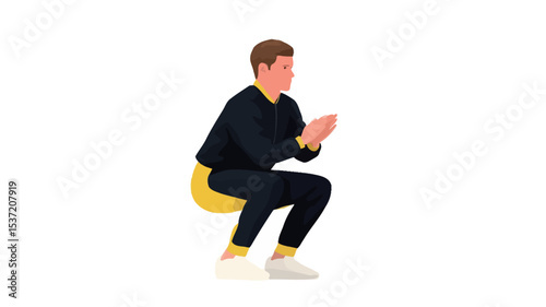 A vector illustration depicting a man in a low squat position. He is wearing a black long-sleeved shirt and yellow-accented black pants. His hands are clasped in front of him. The style is simple,