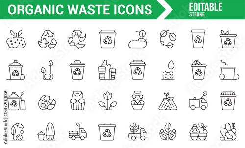 Editable Organic Waste and Recycling Icons for Environmental Projects