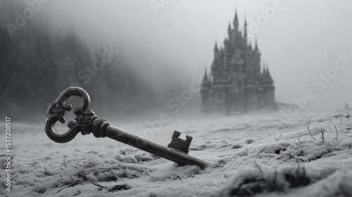An old key lying in the snow, with a mysterious, misty castle in the distant background.