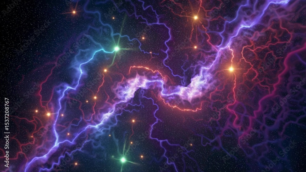 Obraz premium Colorful cosmic lightning is spreading through the dark universe with bright stars and nebulas, creating a breathtaking spectacle of energy and light