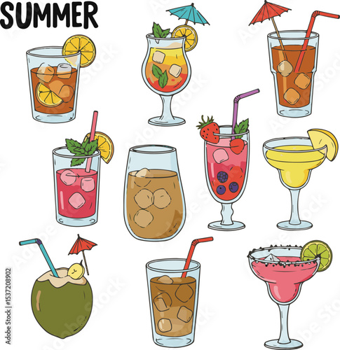 8 Colorful Summer Drinks with Umbrellas & Lemon Slices | Iced Beverages in Stylish Glasses with Ice Cubes | Vibrant, Refreshing Stock Images for Menus, Ads, Blogs & Tropical Summer Promotions