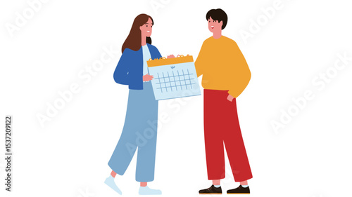The image is a digital illustration depicting a young man and woman standing facing each other. The woman is holding a large, brightly colored calendar.  Both figures are illustrated in a