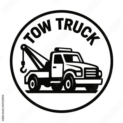 Vector icon of tow truck in round badge design.