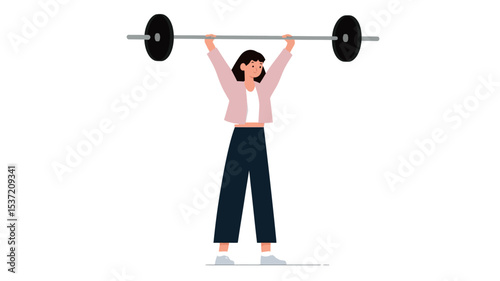 A vector illustration depicts a young woman with dark hair, wearing a pink jacket and dark pants, lifting a barbell overhead.  The style is flat and cartoonish, with simple lines and minimal