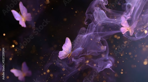 Purple butterflies flutter amidst swirling smoke and golden bokeh lights, creating a mystical atmosphere.