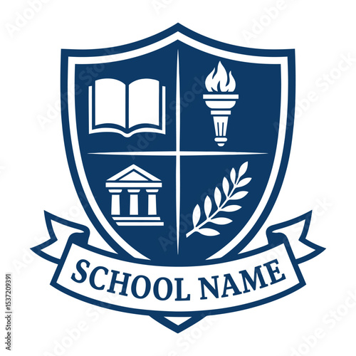 Vector school crest emblem with book and torch.
