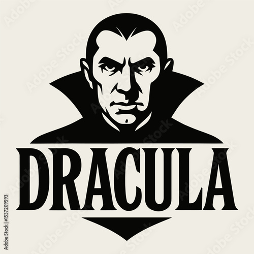Vector Dracula portrait icon with bold text.