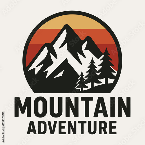 Vector badge of mountain peaks with “adventure” text.