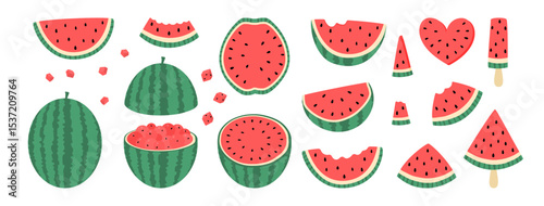 Watermelon Flat  Isolated Collection. Whole Summer Fruit and Halves, Slices. Chopped Watermelon Cubes, Balls, Bitten Pieces, Ice Cream, Heart.