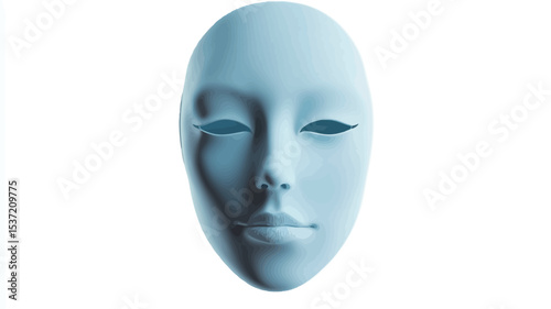 A digital rendering of a light blue, smooth, and featureless mask against a pure white background. The mask is oval-shaped with subtly suggested facial features, including eyes, nose