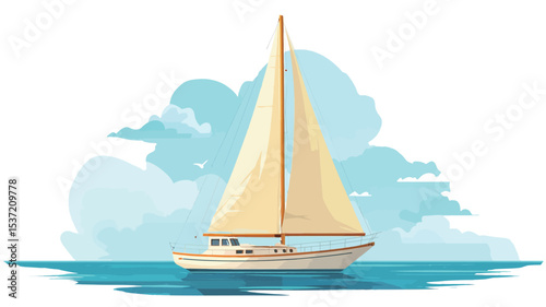 A vector illustration depicting a sailboat with beige sails and a white hull floating on a calm sea. The background features a stylized watercolor-like effect of light blue and white, 