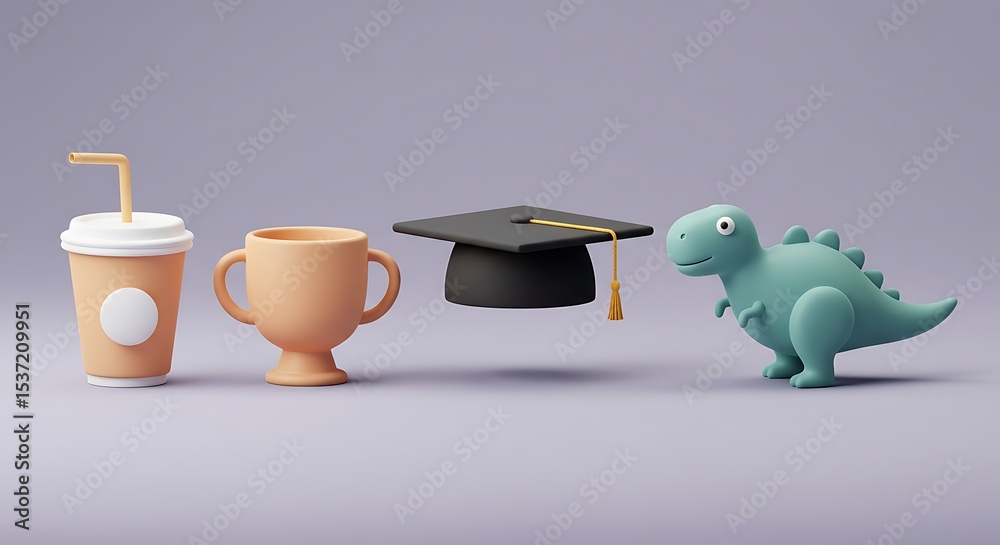 Fototapeta premium Dinosaur with Graduation Cap, Cup, and Drink