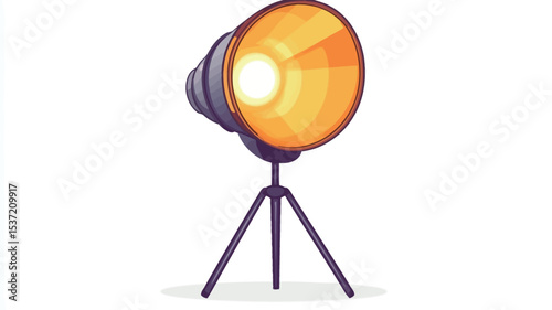 Illustration of a studio spotlight mounted on a tripod. The spotlight is depicted with a dark grey metal casing and a bright orange/yellow light emanating from its parabolic reflector.