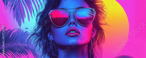Tropical neon landscape with palm trees and woman in retro digital vector art