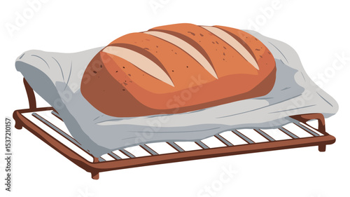 A digital illustration depicting a single loaf of golden-brown bread resting on a piece of parchment paper atop a metallic wire cooling rack.  The bread is rectangular with three visible score
