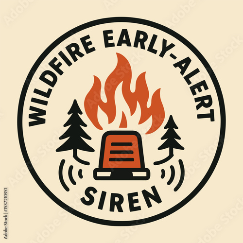 Vector badge of wildfire early alert siren with trees and flames.