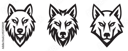 Set of three fierce wolf head logos in bold black outlines.