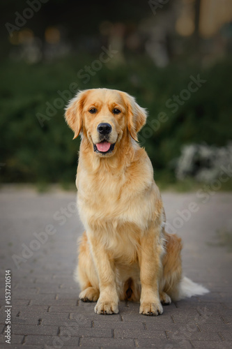 close-up portrait of a dog golden retriever labrador 1 year old on a walk	