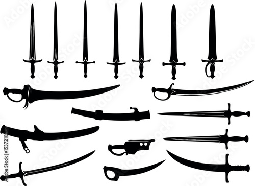 Black and White Illustration of Various Swords and Daggers