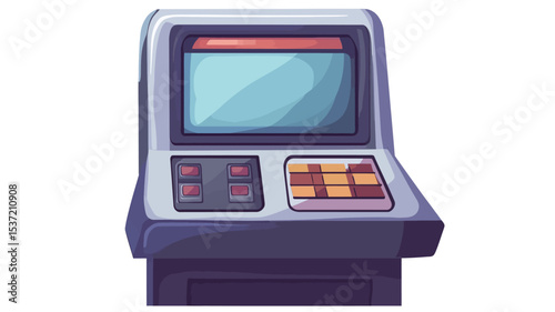 A digital illustration of a retro-futuristic control panel. The panel is predominantly dark purple and light gray, featuring a rectangular screen with a light blue display.  Below the screen are