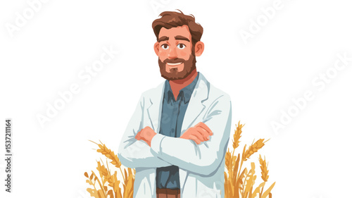 Digital illustration of a man with a beard, wearing a white lab coat, standing with arms crossed. He is depicted from the chest up against a background of stylized wheat stalks. 