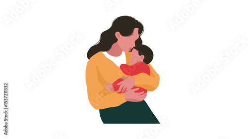 A digital illustration depicting a woman holding a baby. The style is flat vector, with simplified shapes and minimal detail. The woman has long dark brown hair and wears a yellow sweater and dark