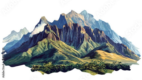 A digital illustration depicting a majestic mountain range. The artwork showcases a detailed rendering of multiple mountain peaks with varying heights and textures. The mountains are rendered in