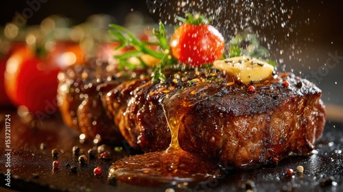 Fototapeta Naklejka Na Ścianę i Meble -  Grilled Steak with Herbs and Tomatoes on a Sizzling Plate