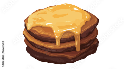 A digital illustration depicting a stack of three pancakes drizzled generously with melted butter or syrup. The pancakes are light brown with slightly darker edges, suggesting a cooked texture