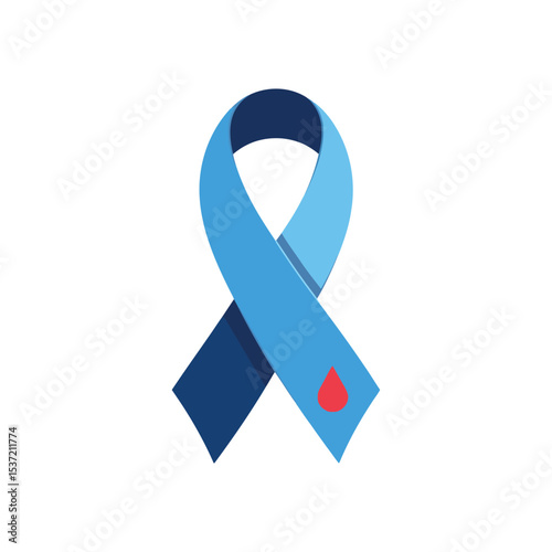 The image features a ribbon in shades of blue, with a red droplet symbol on the lower right part of the ribbon.