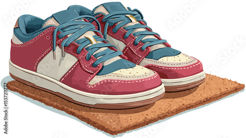 A digital illustration depicting a pair of retro-style sneakers. The sneakers are primarily red and blue with white accents and cream soles. They are laced up and positioned on a textured