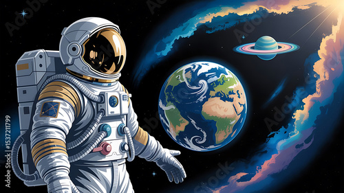 Astronaut in Space Suit Views Earth and Saturn from Orbit
