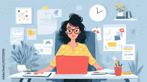 A woman works at her desk in a creative office environment, surrounded by notes and plants.