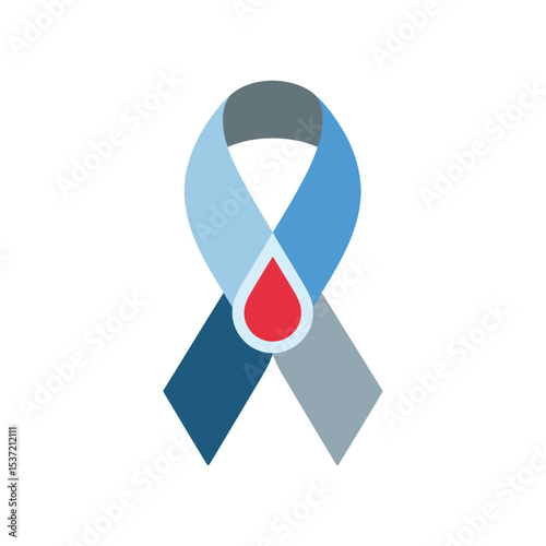 The image shows a ribbon made up of two colors, light blue and gray, with a red blood drop symbol in the middle.