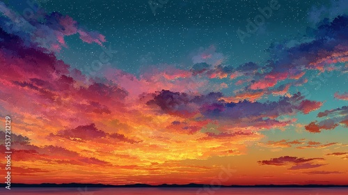 Vibrant sunset over tranquil waters with colorful clouds reflecting the fading light in a serene evening sky